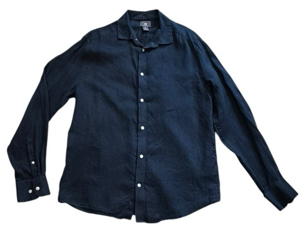 H&M Navy Blue 100% Linen Button Front Shirt Men’s Large Slim Fit